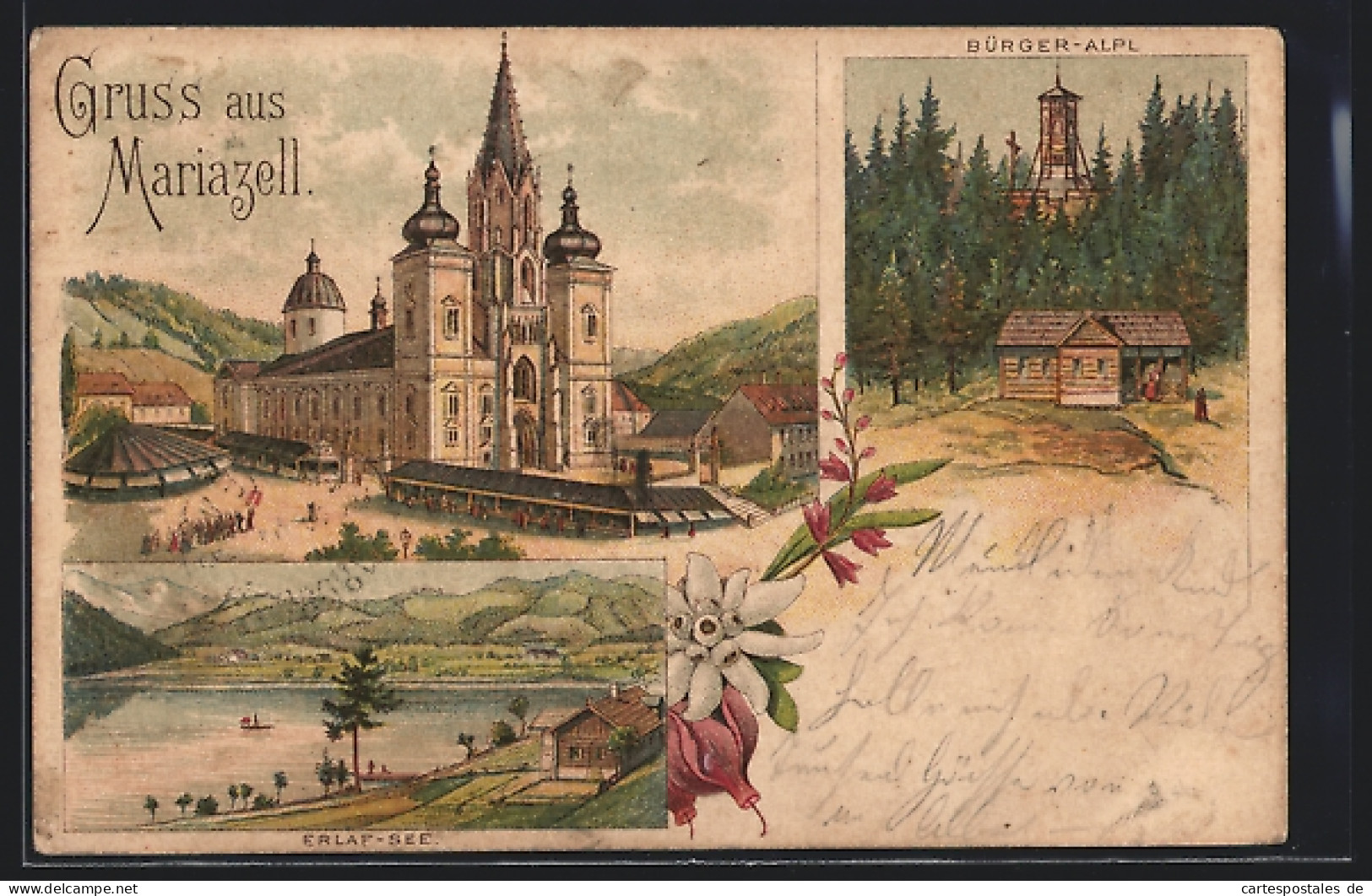 Vorläufer-Lithographie Mariazell, 1893, Basilika Mit Erlaf-See Und Bürger-Alpl  - Sonstige & Ohne Zuordnung