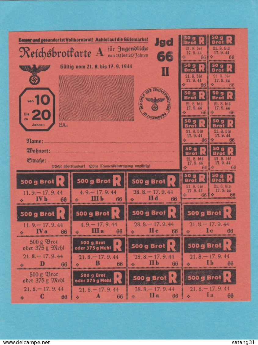 REICHSBROTKARTE A FÜR JUGENDLICHE VON 10 BIS 20 JAHREN. JGD 66 II. - 1940-1944 German Occupation