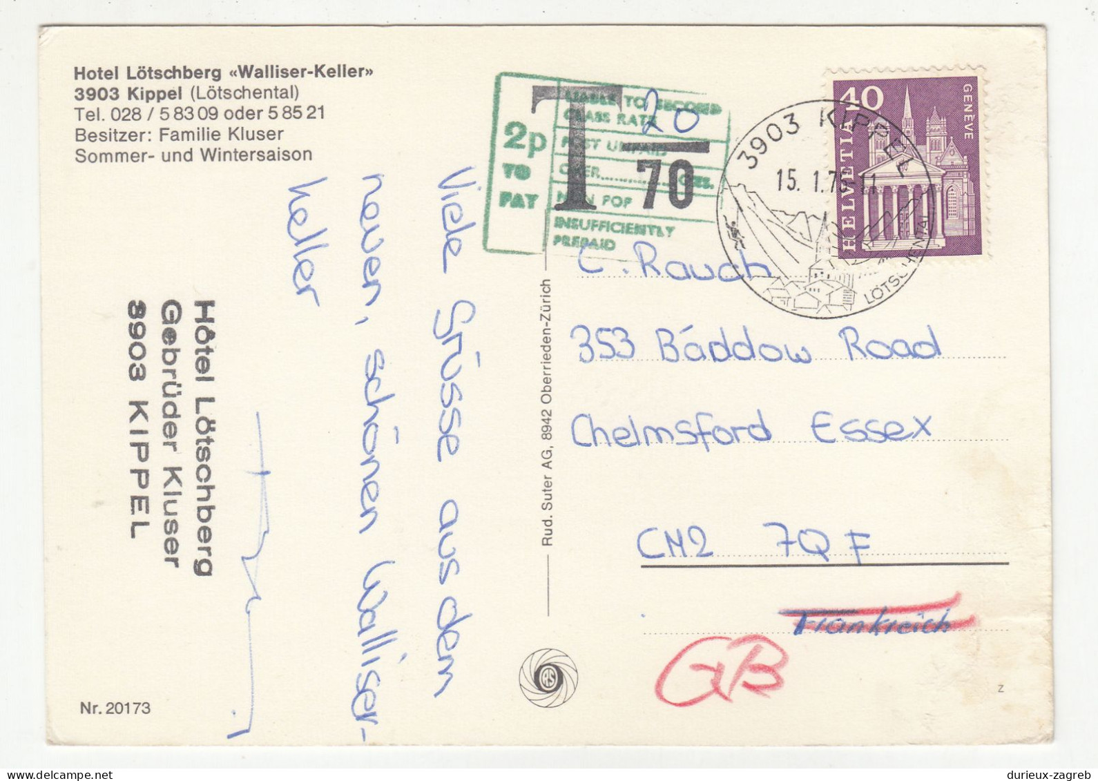 Switzerland Hotel Lötschberg "Walliser-Keller" Postcard Posted 1975 - Taxed Postage Due B240510 - Postage Due