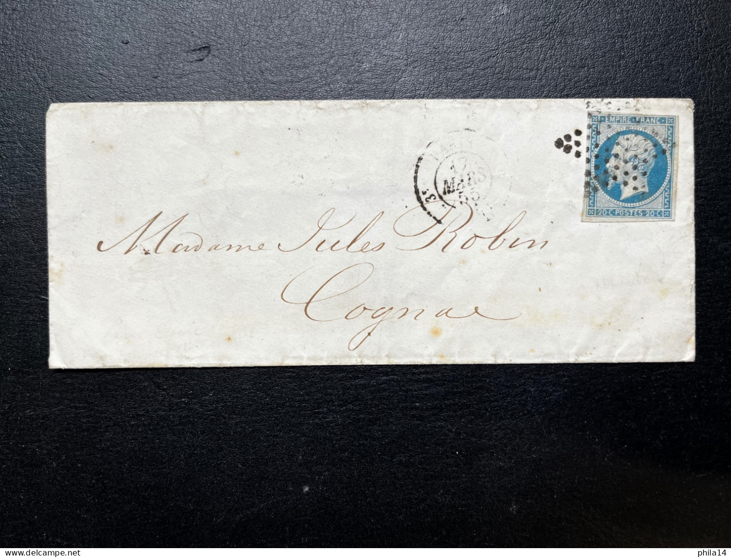 N°14 20c BLEU NAPOLEON SUR LETTRE / PARIS POUR COGNAC / 17 MARS 1855 / LSC - 1849-1876: Klassieke Periode