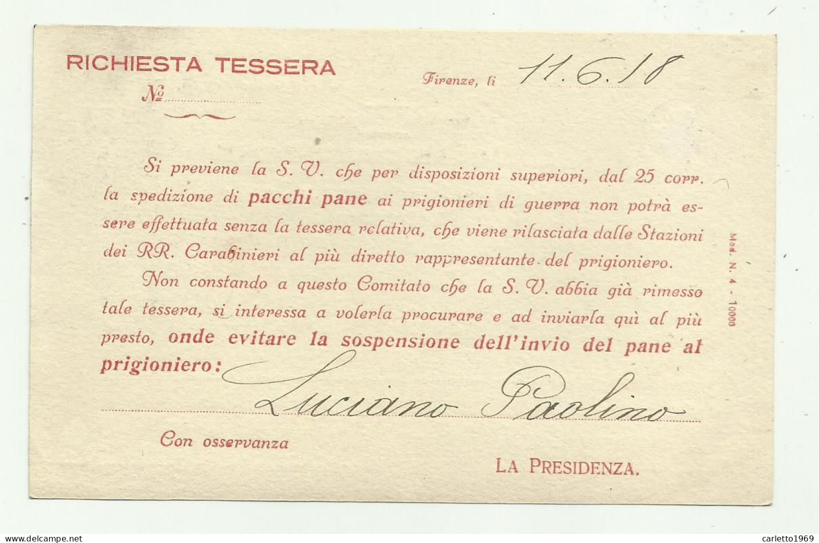 CROCE ROSSA ITALIANA VIII CIRCOSCRIZIONE - COMITATO REG. DI FIRENZE 1918 RICHIESTA TESSERA - FP - Rode Kruis