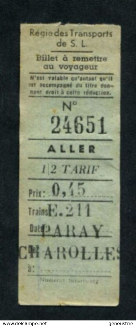 Ticket Tramway Mi-XXe "0,45fr 1/2 Tarif Aller / Régie Des Transports De Saône-et-Loire - Paray-le-Monial -> Charolles" - Europa