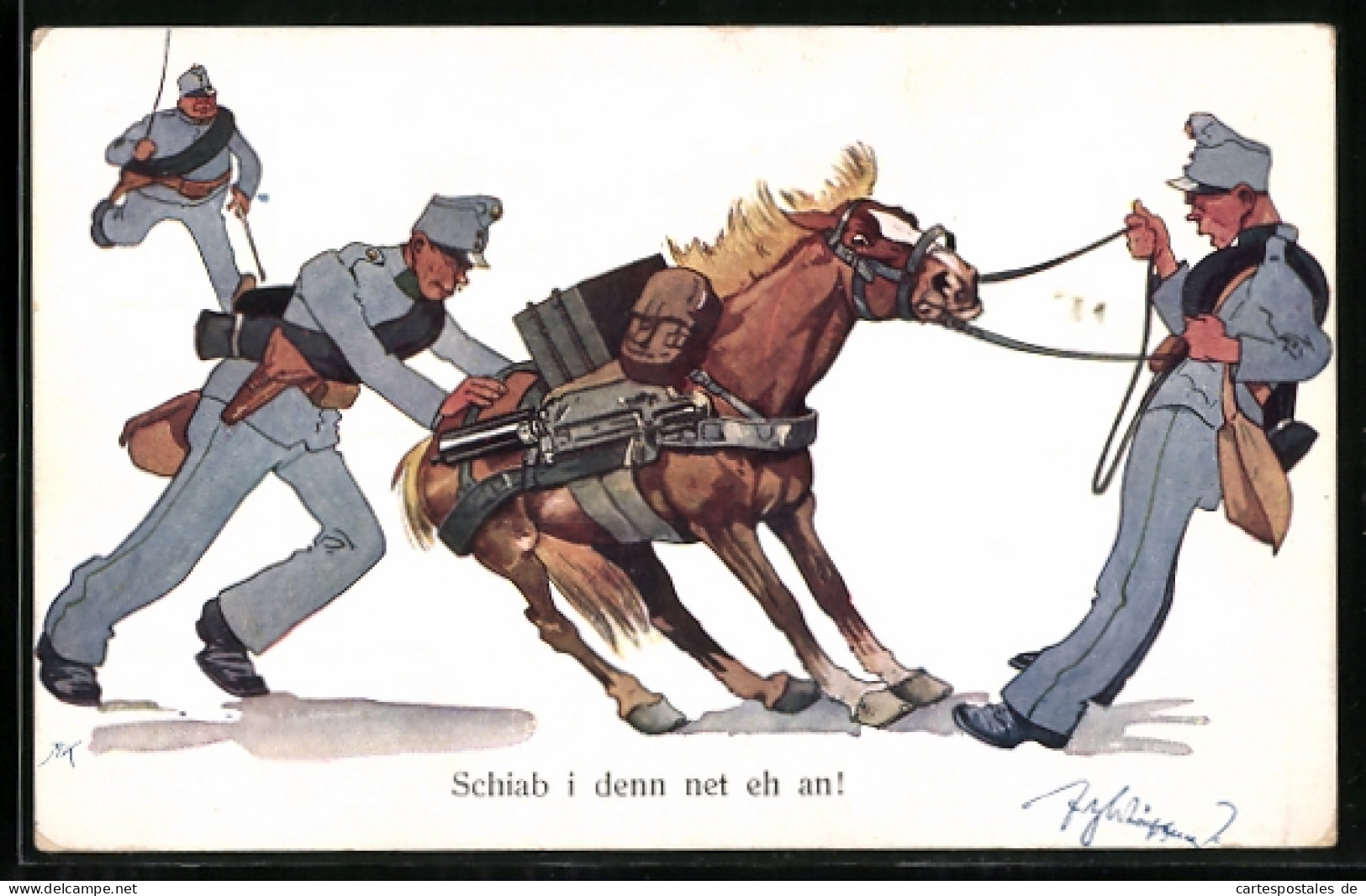 Künstler-AK Fritz Schönpflug: Soldaten Versuchen, Ein Scheuendes Packpferd Zu Bewegen, Karikatur  - Schönpflug, Fritz