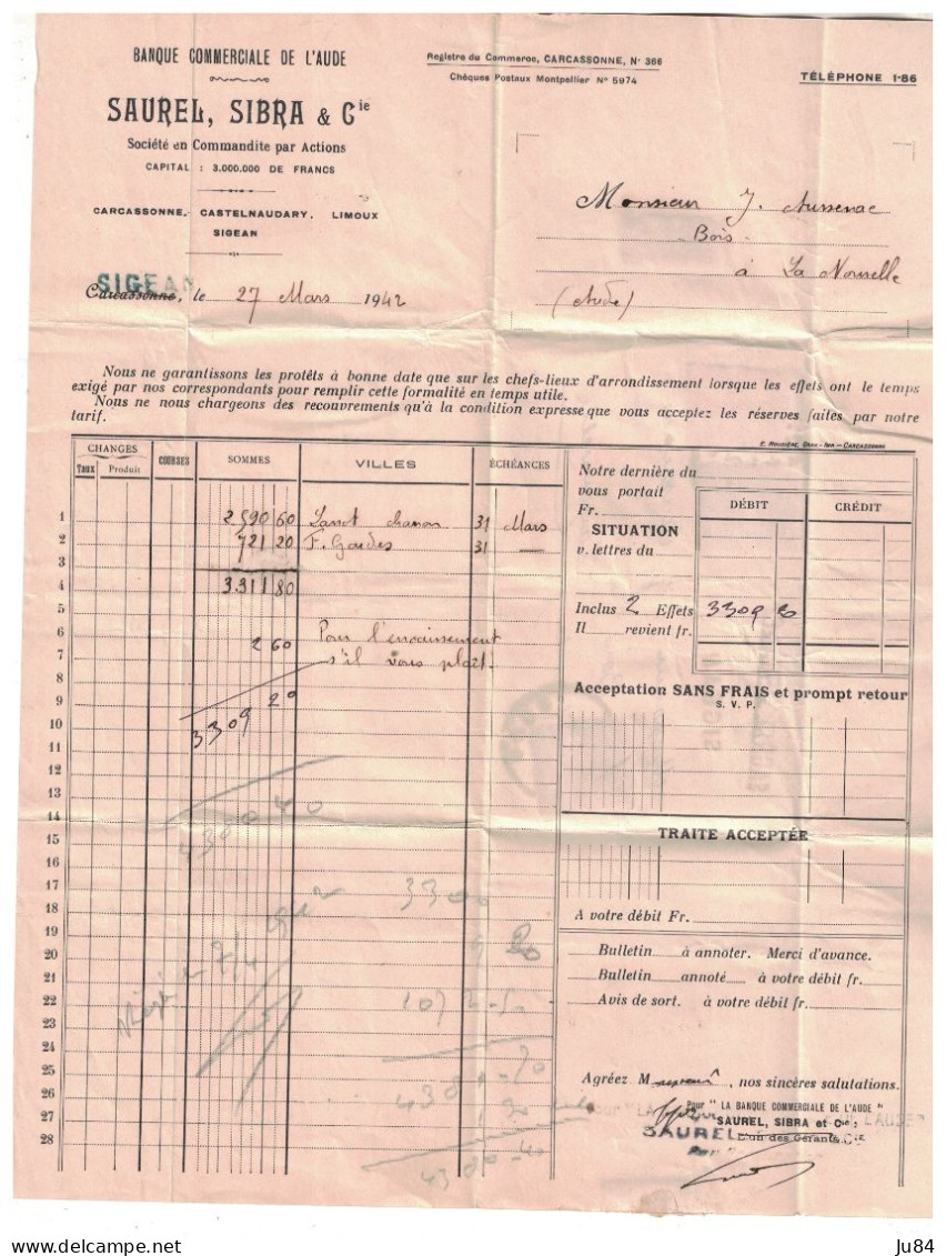 Aude - Sigean - Facture Banque Commerciale De L'Aude - Lettre Pour L'Aude - 28 Mars 1942 - Postal Rates