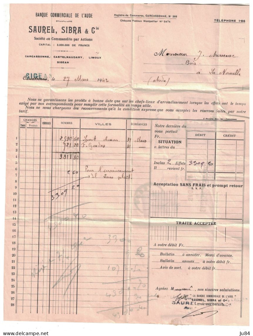 Aude - Sigean - Facture Banque Commerciale De L'Aude - Lettre Pour L'Aude - 28 Mars 1942 - Tarifs Postaux