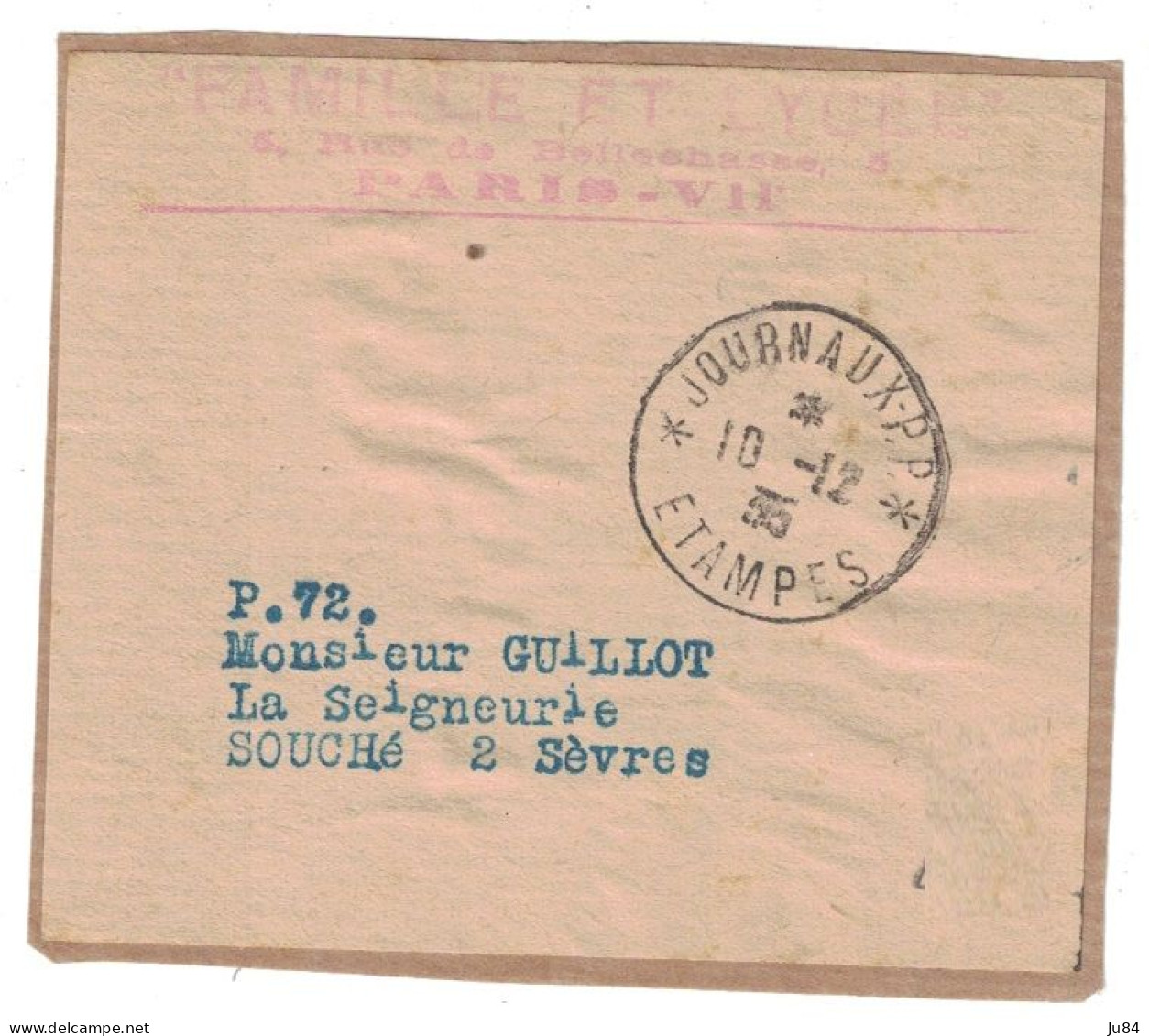 Paris - Morceau De Bande De Journal ? - Journaux P.P. Etampes - Pour Les Deux Sèvres - 10 Décembre 1935 - Cartas & Documentos