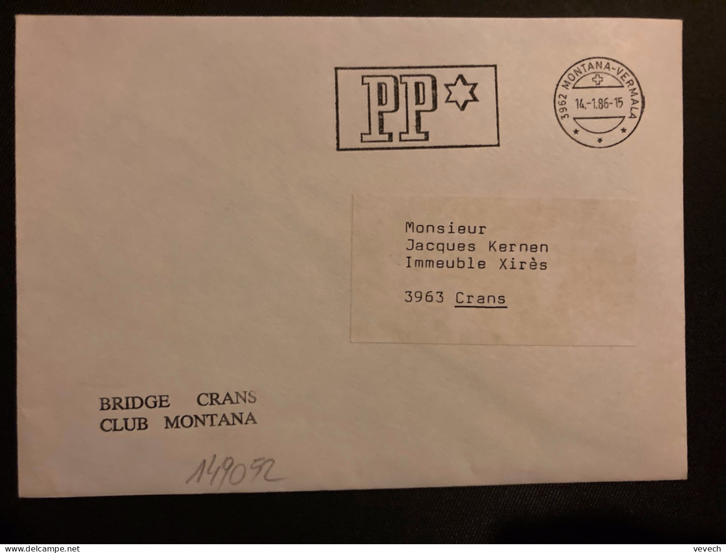 LETTRE BRIDGE CRANS CLUB (PORT PAYE) OBL.MEC.14-1 86 MONTANA VERMALA + PP - Postmark Collection