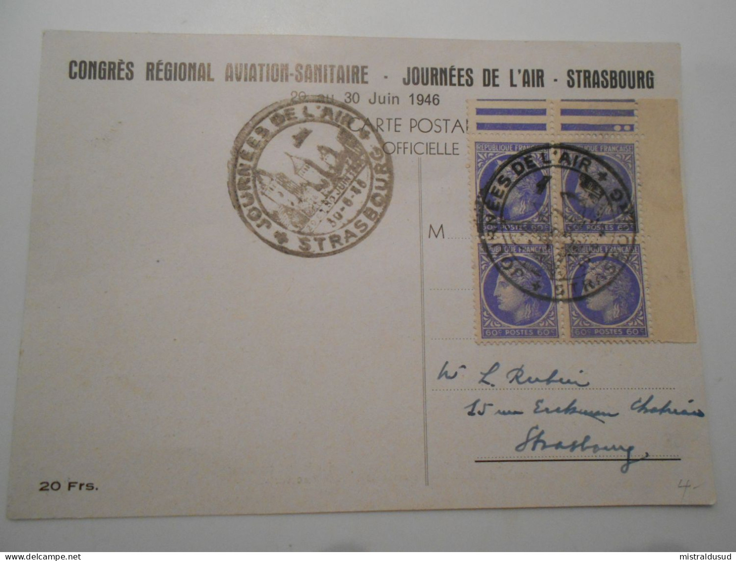 France Poste Aerienne , çarte De Strasbourg 1946 , Journee De L Air - 1927-1959 Storia Postale