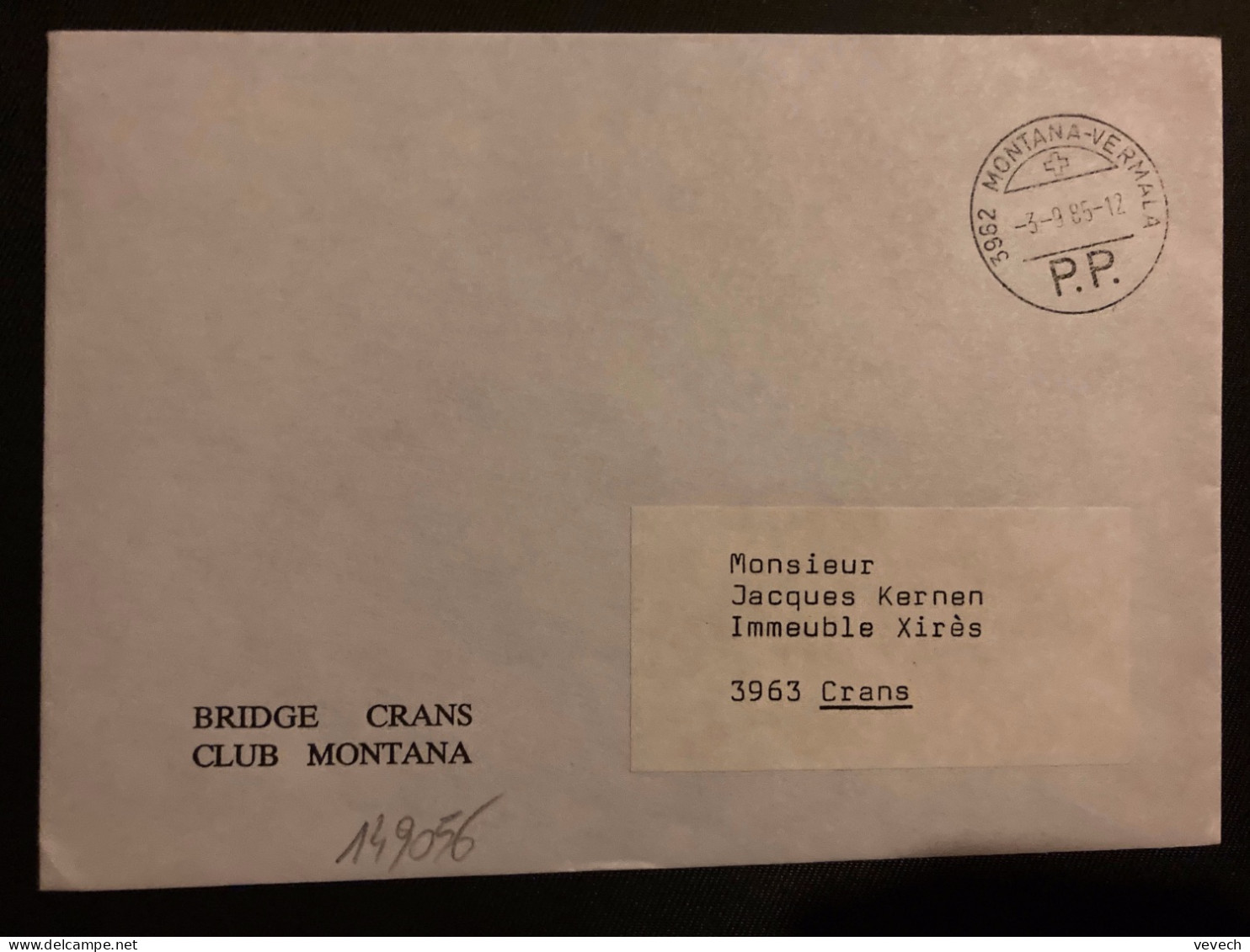 LETTRE BRIDGE CRANS CLUB (PORT PAYE) OBL.3-9 85 MONTANA VERMALA PP - Postmark Collection