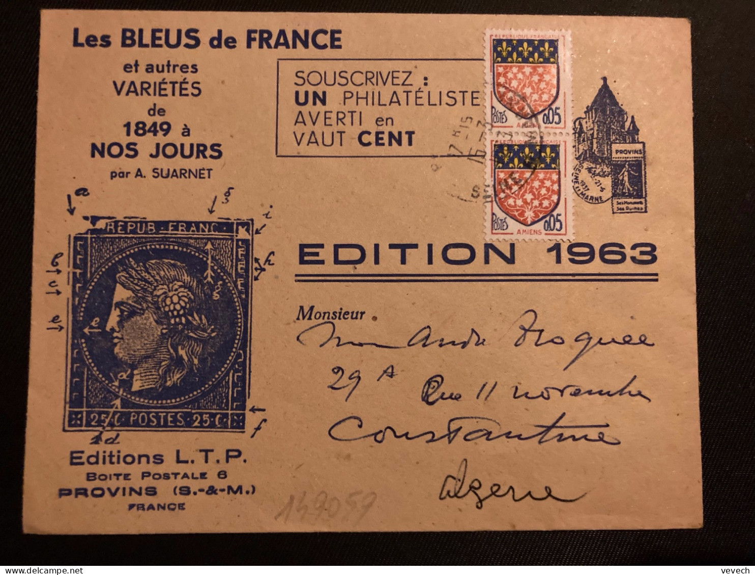 LETTRE LES BLEUS DE FRANCE EDITION 1963 TP AMIENS 0,05 Paire OBL.15-3 1963 PROVINS (77) - 1961-....