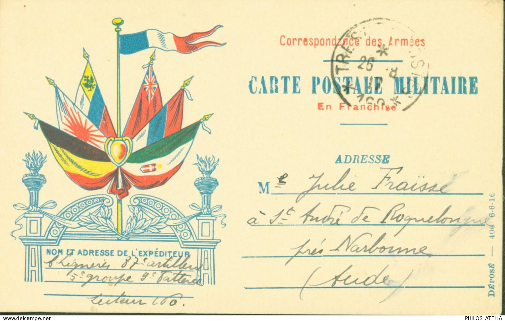 Guerre 14 CP FM Carte Postale Militaire Franchise Drapeaux Alliés Oriflamme CAD Trésor Et Postes SP 160 26 8 17 - WW I