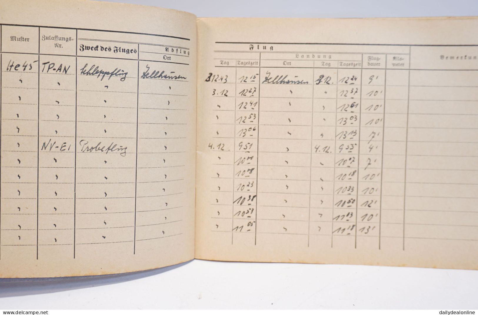 Original Flugbuch 1943/1944 2. WK WW2 Heinkel He 45 Zellhausen 30 Seiten - 1939-45