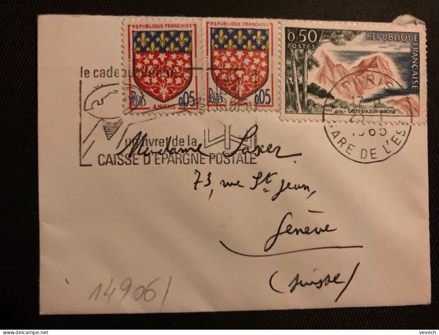 LETTRE MIGNONNETTE Pour La SUISSE TP COTE D'AZUR VAROISE 0,50 + AMIENS 0,05 X2 OBL.MEC.23-1 1965 PARIS GARE DE L'EST - 1961-....