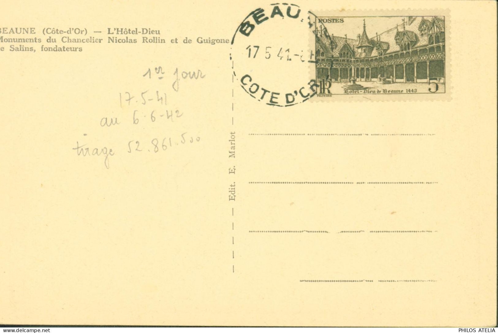 CP Beaune Hôtel Dieu YT N°499 Maxi CAD 1er Premier Jour FDC Beaune Cote D'or 17 5 41 - ....-1949