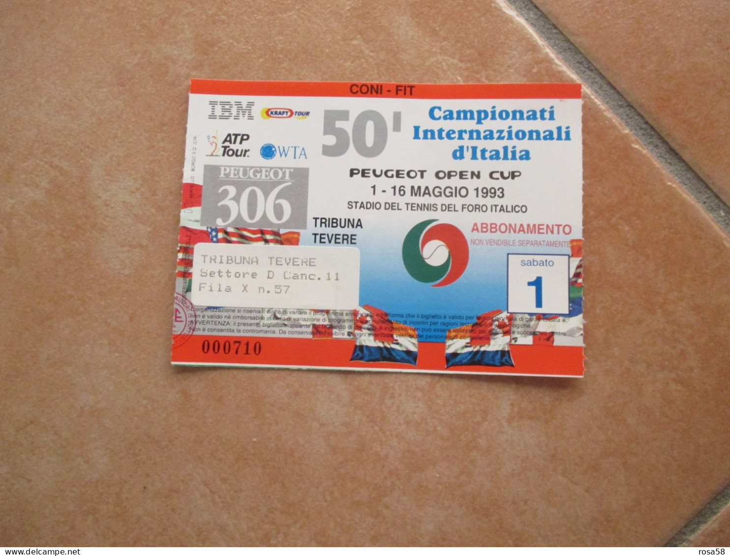 1 16.5.1993  50°Campionati Internazionale D'Italia TENNIS Roma Foro Italico Biglietto Tribuna Tevere SABATO 1 - Autres & Non Classés