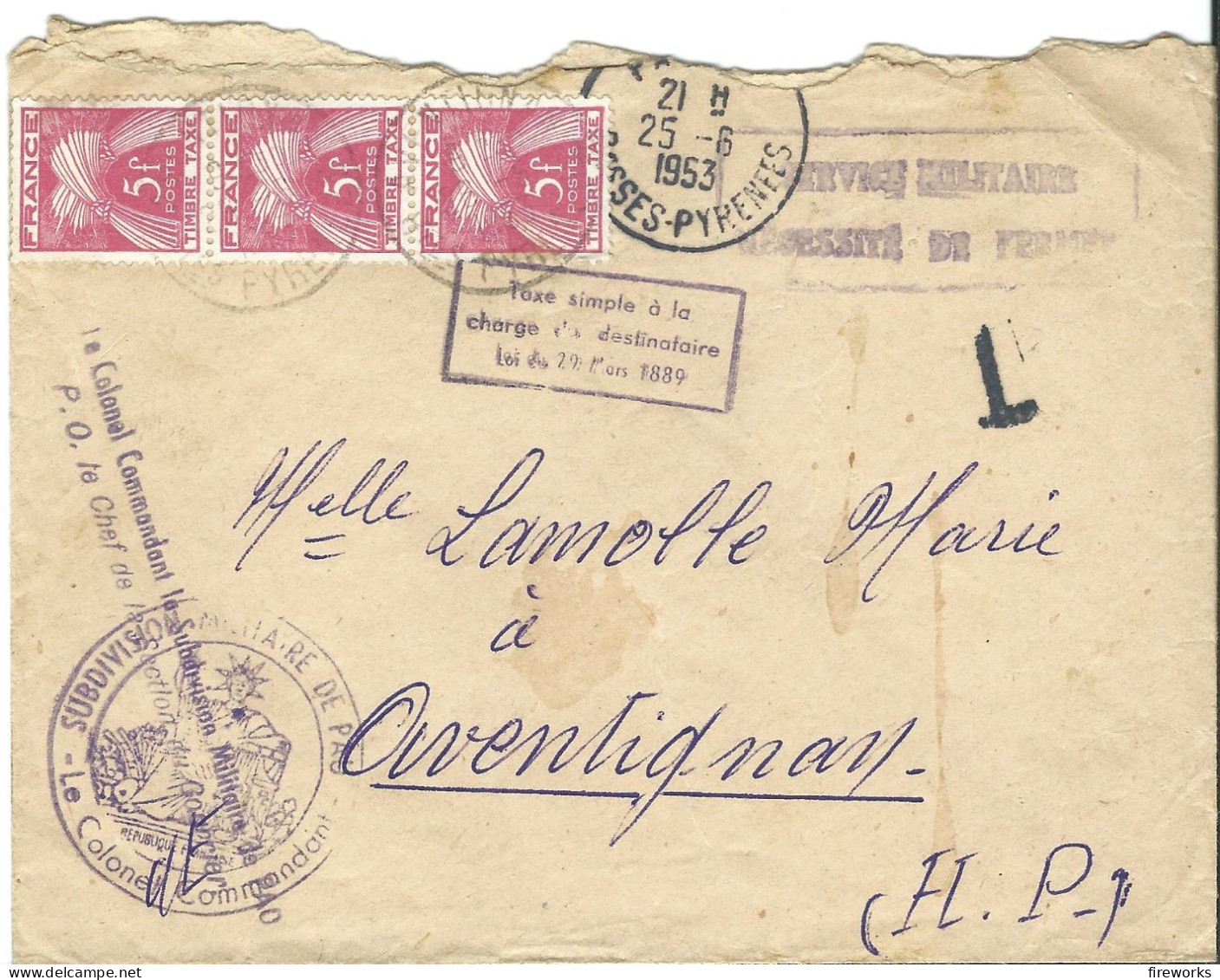 FRANCE 3 Timbres "taxe" YT N°85 Malgré Franchise Militaire Sur Enveloppe De 1953 - Covers & Documents