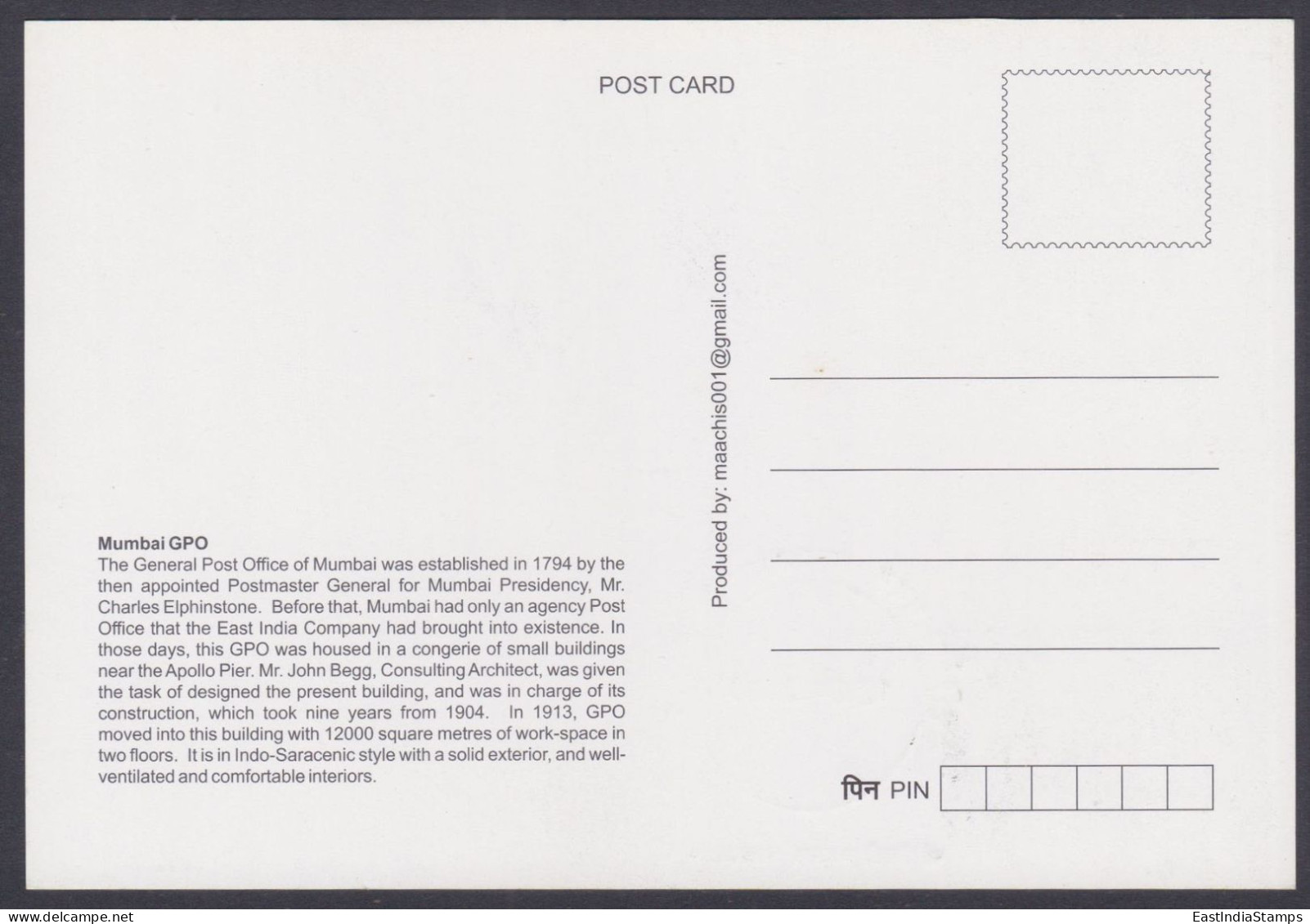 Inde India 2013 Maximum Max Card Mumbai G.P.O, Post Office Building, Heritage, Architecture, Postal Service - Briefe U. Dokumente