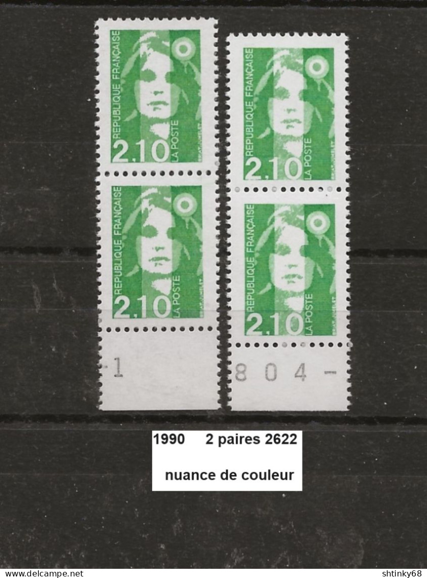 Variété Sur Paire De 1990 Neuf** Y&T N° 2622 Vert + 2622b Vert-jaune ?? - Unused Stamps