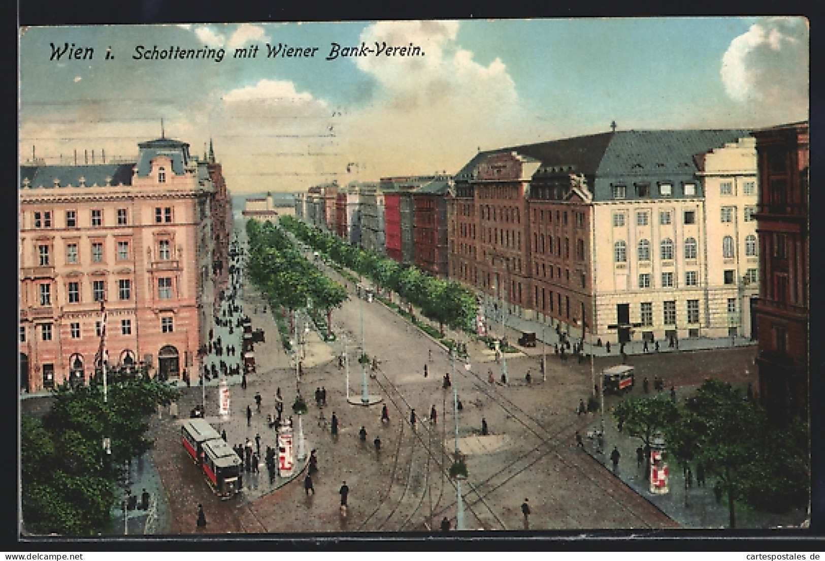 AK Wien, Schottenring Mit Wiener Bank-Verein, Strassenbahn Und Litfasssäule  - Altri & Non Classificati