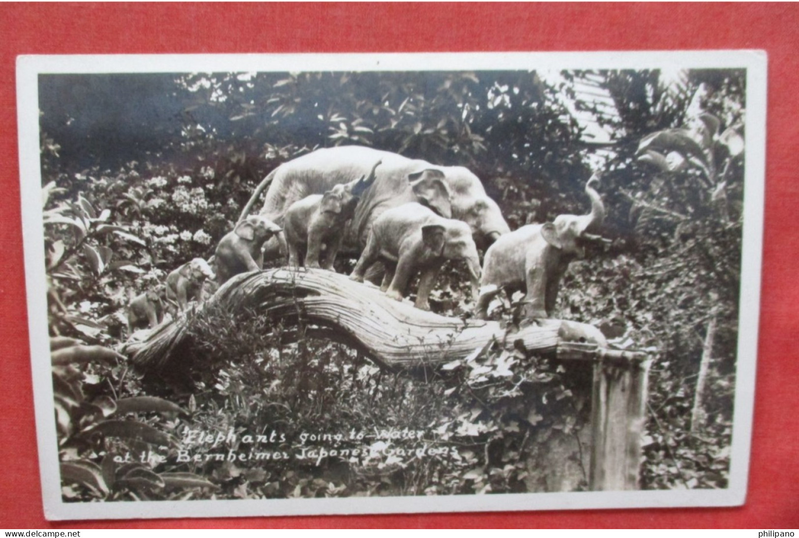 RPPC.   Bernheimer Residence Japanese Gardens Elephant Statues RPPC Los Angeles CA    Ref 6409 - Elephants