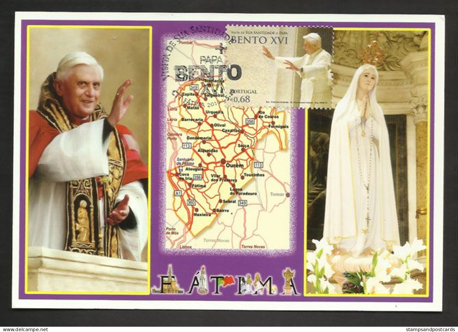 Portugal Souvenir Visite Benoit XVI 2010 Cachet Premier Jour Fatima Pope Benedict XVI 2010 Visit Souvenir Postcard - Papi