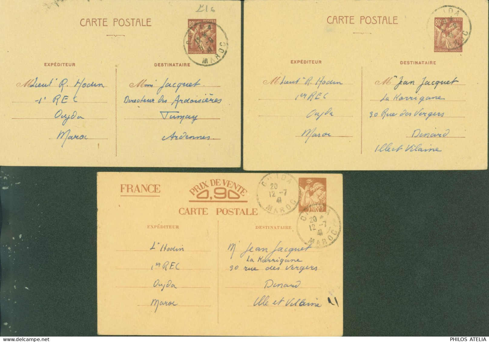 Maroc Entier Iris Sans Valeur Vendu 0,90 + 2 CP Entier Iris 80c CAD Oujda 1941 1er Régiment étranger Colonial - Covers & Documents