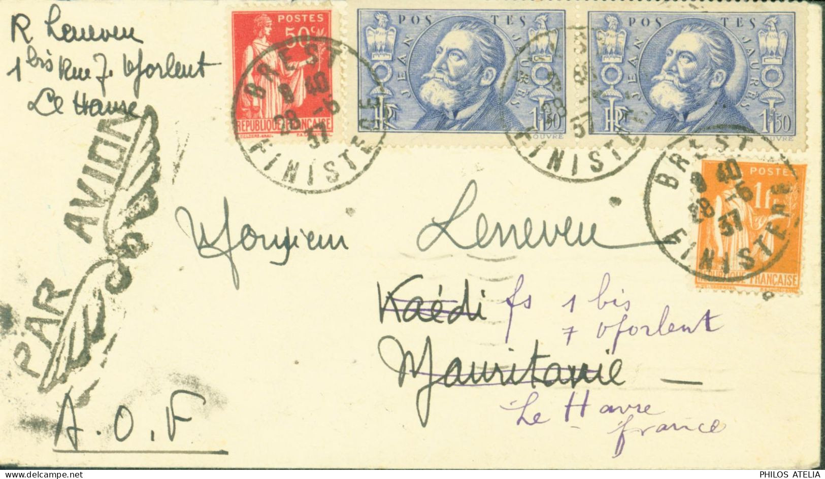 Lettre Par Avion Pour Mauritanie Réexpédition Le Havre YT Paix N°283 286 319 X2 Jean Jaurès CAD Brest 28 5 37 - 1927-1959 Cartas & Documentos