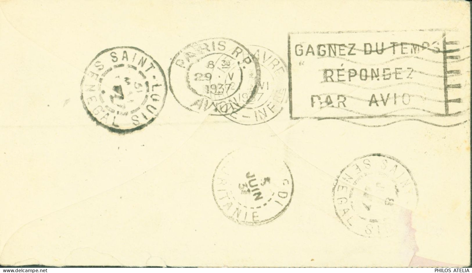 Lettre Par Avion Pour Mauritanie Réexpédition Le Havre YT Paix N°283 286 319 X2 Jean Jaurès CAD Brest 28 5 37 - 1927-1959 Brieven & Documenten