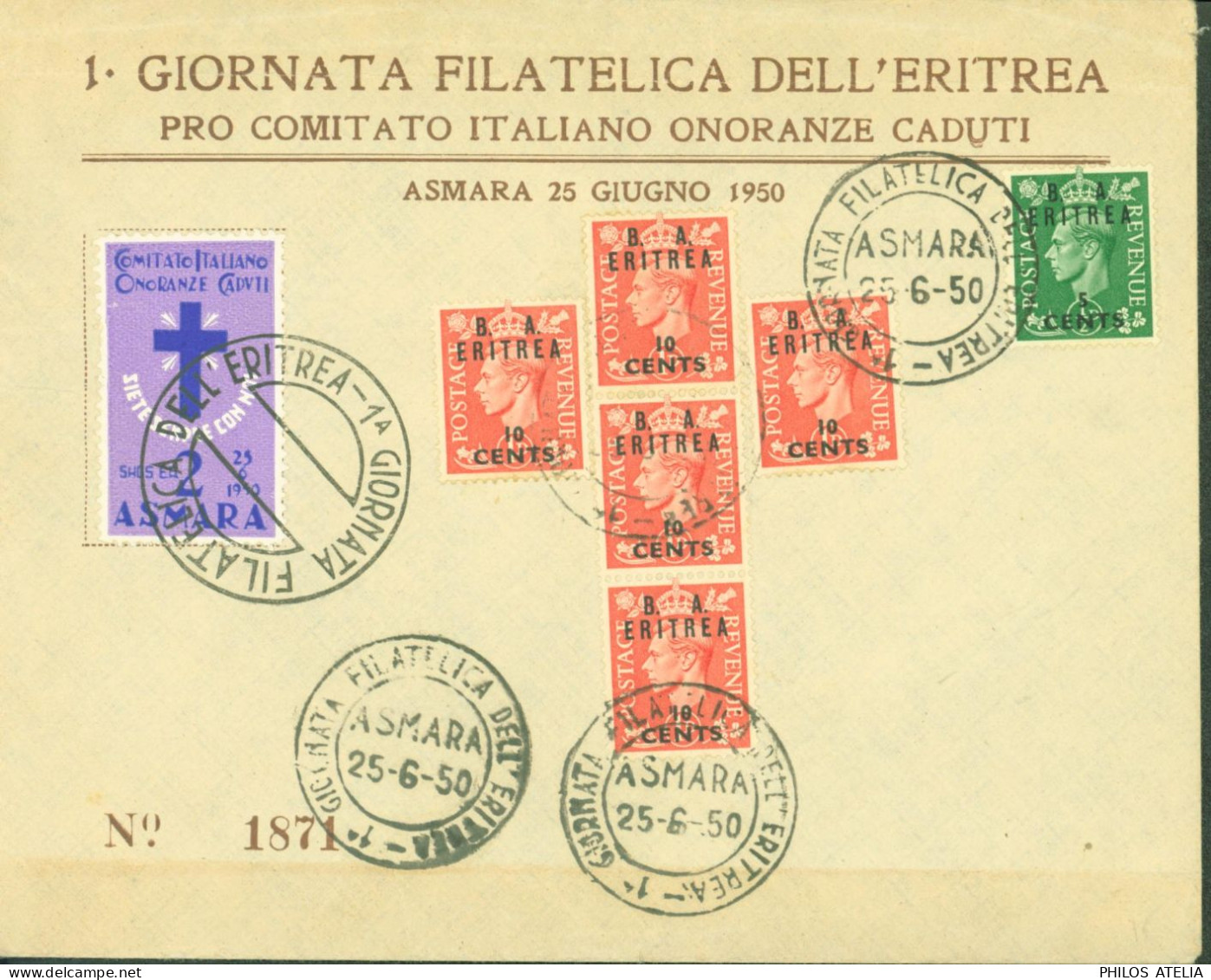 Giornata Filatelica Dell Eritrea Pro Comitato Italiano Onoranze Caduti Asmara 25 6 1950 YT Postage Revenue N°13 + 14 X5 - Altri & Non Classificati