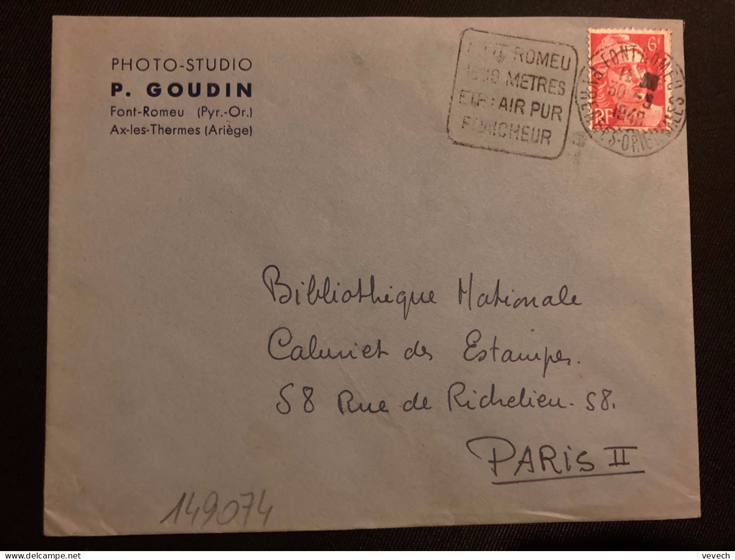 LETTRE PHOTO STUDIO P GOUDIN TP M DE GANDON 6F OBL. DAGUIN 30-9 1948 FONT ROMEU (66) - Mechanical Postmarks (Other)