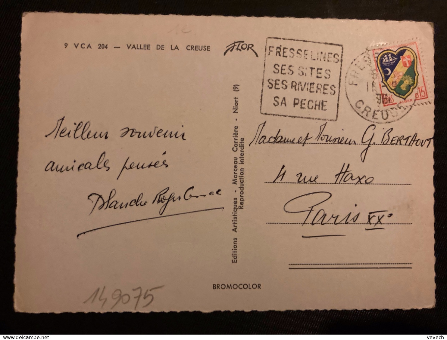 CP VALLEE DE LA CREUSE TP ALGER 0,15 OBL. DAGUIN 11-9 1961 FRESSELINES CREUSE (23) SES SITES SES RIVIERES SA PECHE - Mechanical Postmarks (Other)