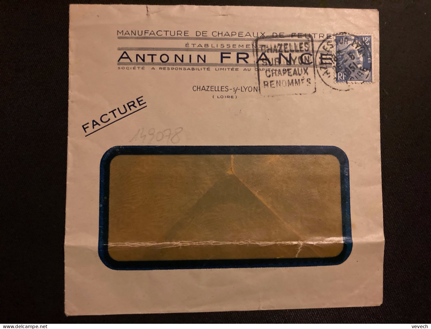 LETTRE ANTONIN FRANCE CHAPEAUX DE FEUTRE TP M DE GANDON 12F OBL. DAGUIN 26-6 1951 CHAZELLES SUR LYON (42) CHAPEAUX RENOM - Mechanical Postmarks (Other)