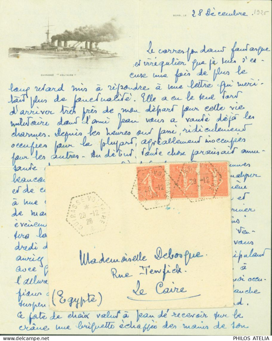 Marine Nationale Agence Embarquée Cuirassé Voltaire 29 12 26 YT N°199 2 Superbes Papiers à Lettre Illustrés - Poste Maritime