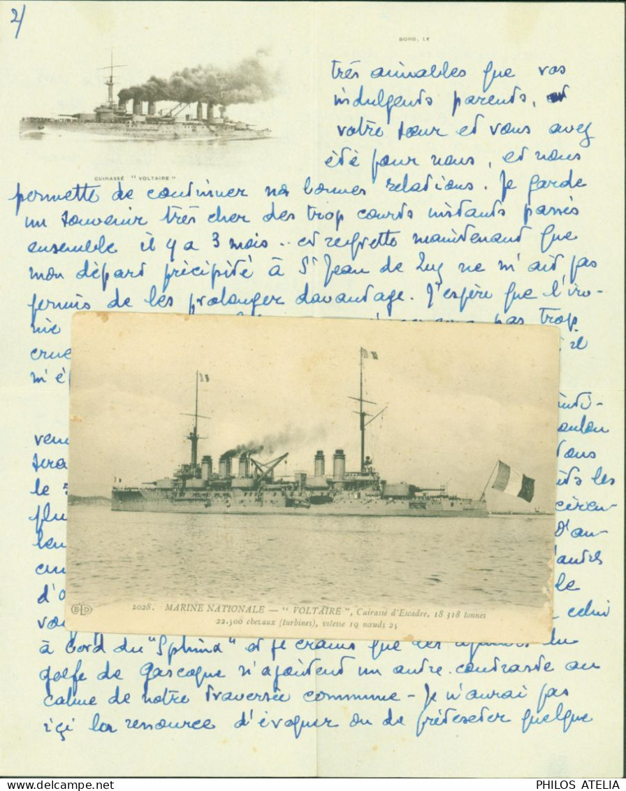 Marine Nationale Agence Embarquée Cuirassé Voltaire 29 12 26 YT N°199 2 Superbes Papiers à Lettre Illustrés - Poste Maritime