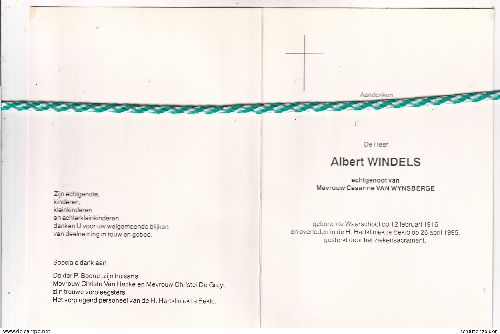 Albert Windels-Van Wynsberghe, Waarschoot 1916, Eeklo 1995. Foto - Décès