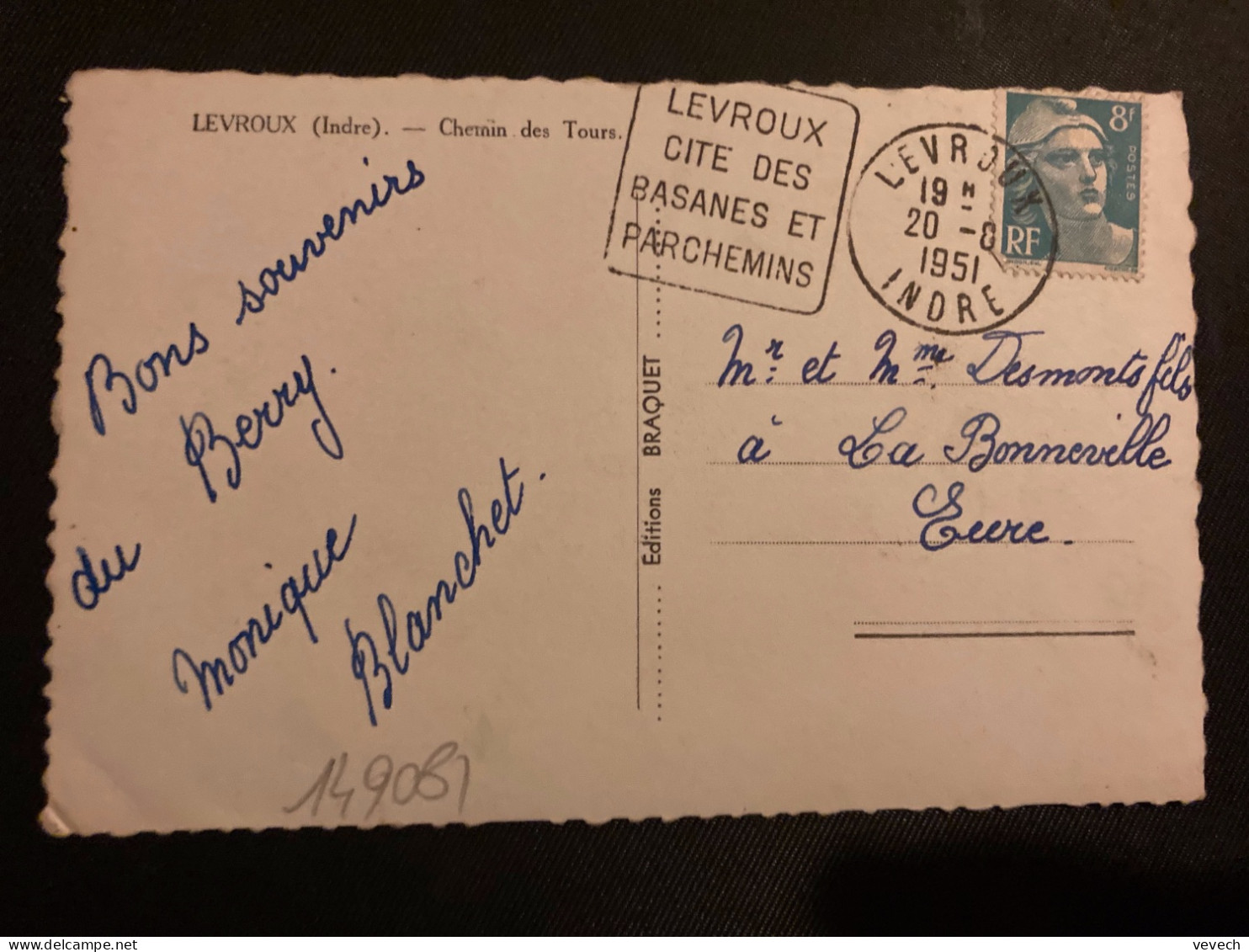 CP TP M DE GANDON 8F OBL. DAGUIN 20-8 1951 LEVROUX INDRE (36) CITE DES BASANES ET PARCHEMINS - Mechanical Postmarks (Other)