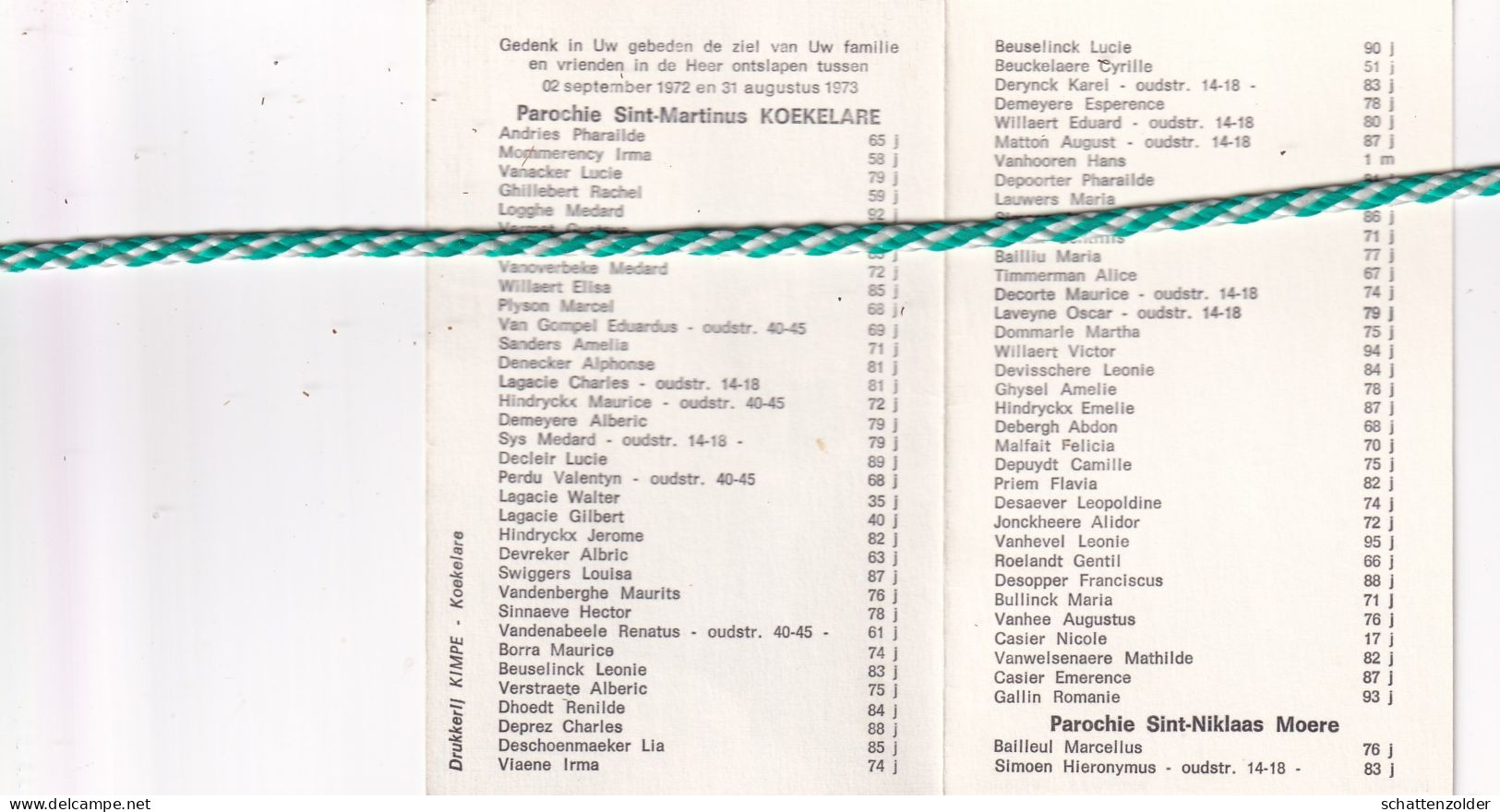 Overleden Parochianen Parochie Sint-Martinus Koekelare, 1972-73 - Obituary Notices