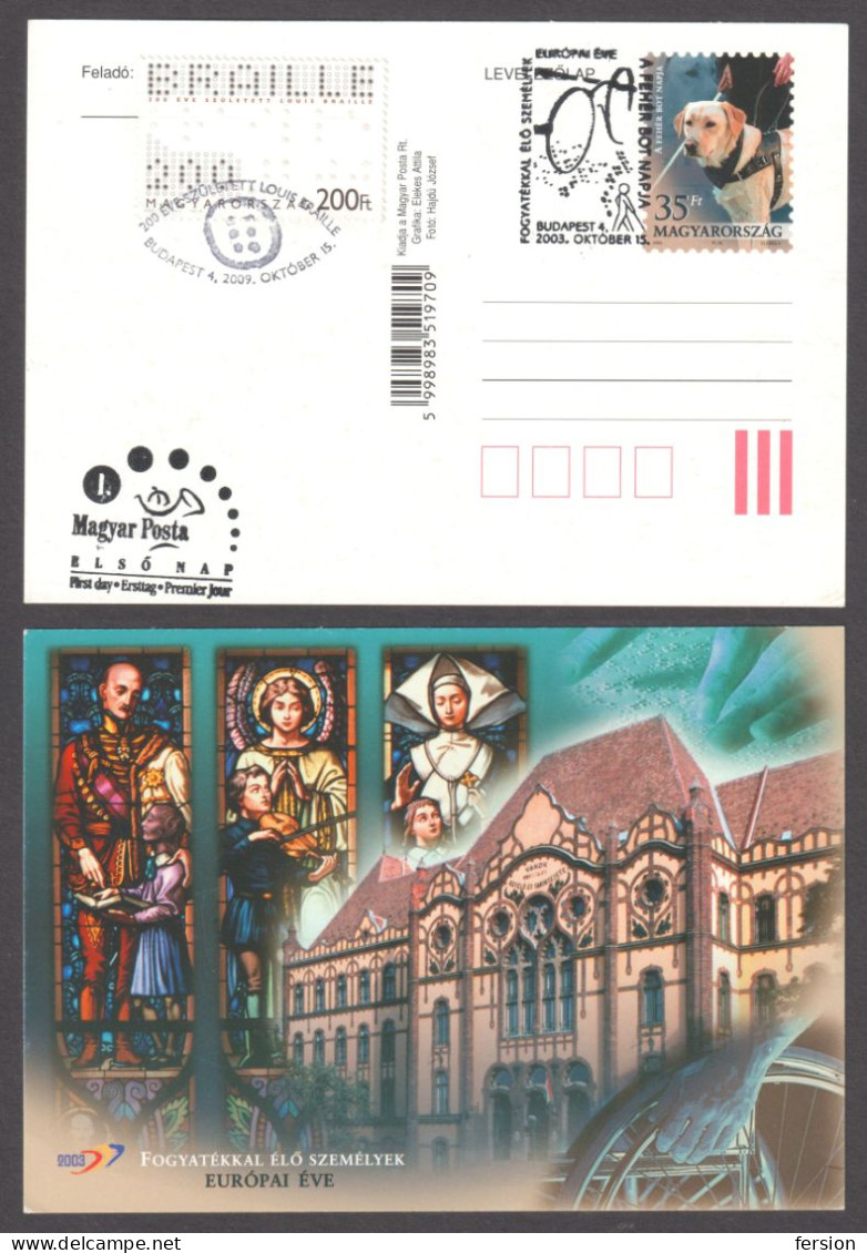 DOG Blindness BRAILLE Writing 2009 HUNGARY DAY Of BLIND People 2003 STATIONERY POSTCARD VIOLIN FDC Eyeglasses Postmark - Behinderungen