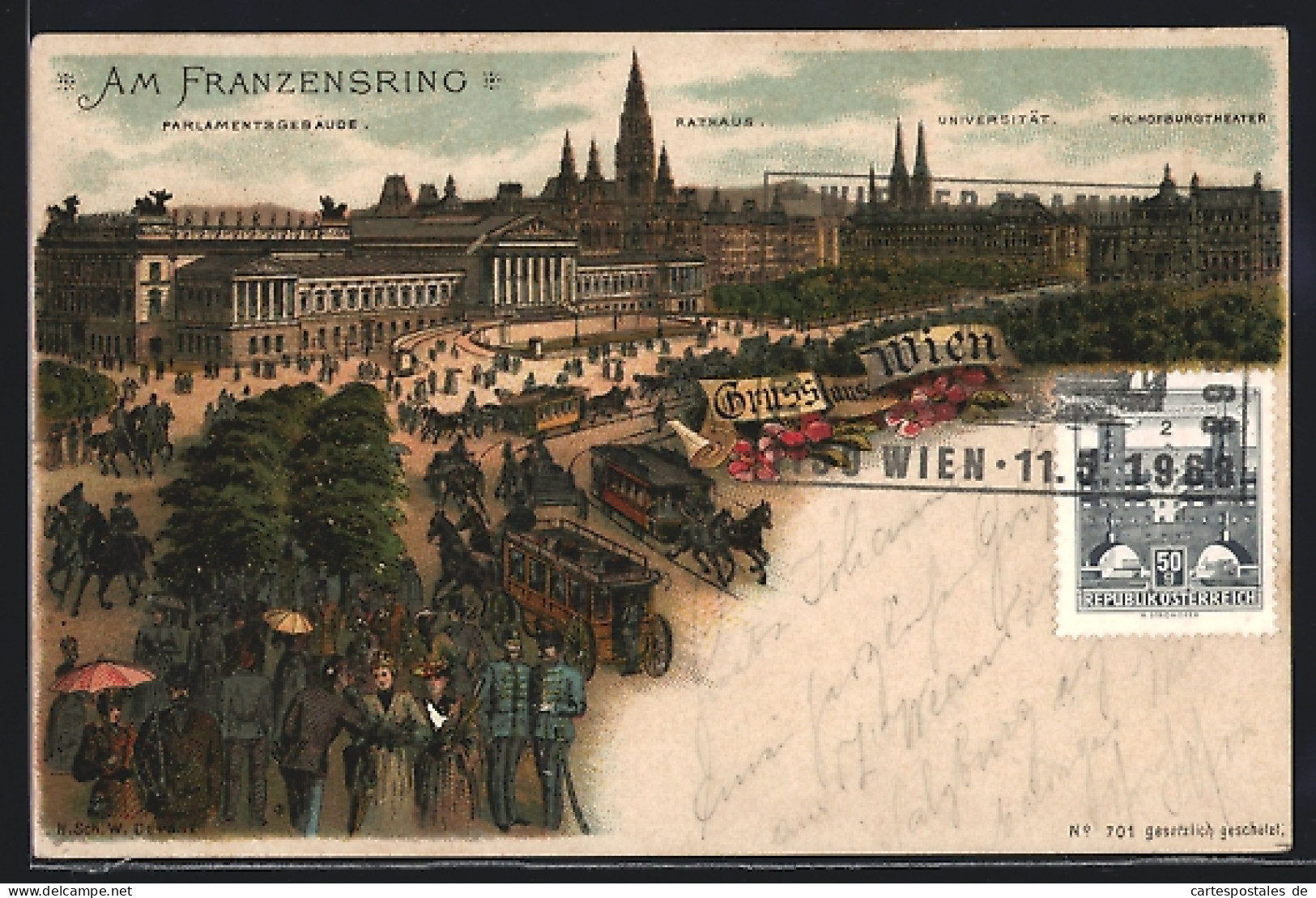 Vorläufer-Lithographie Wien, 1895, Am Franzensring, Mit Parlament, Rathaus, Hofburg, Pferdebahn, Soldaten  - Altri & Non Classificati