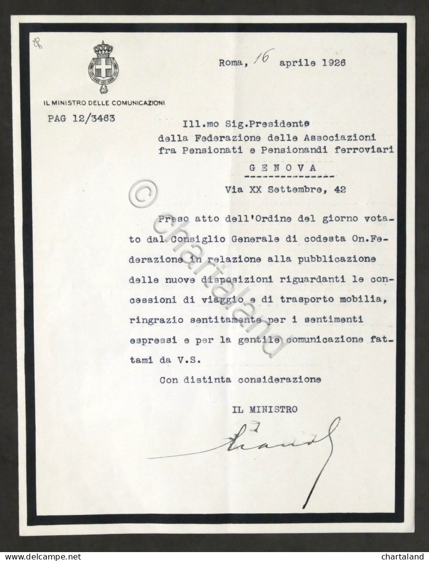 Lettera Con Autografo Del Ministro Costanzo Ciano - 1926 - Autres & Non Classés