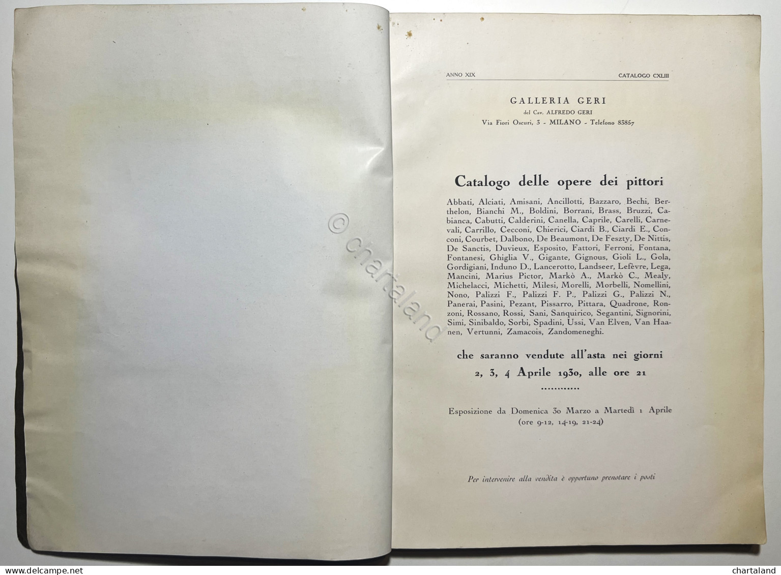 Catalogo CXLIII - Galleria Geri - Opere Dei Pittori Dell'Ottocento - Ed. 1930 - Otros & Sin Clasificación