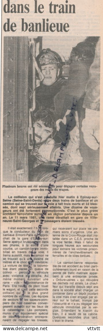 Document (1982), 3 Tués Et 33 Blessés Dans Une Collision Ferroviaire à Epinay-sur-Seine, Train De Banlieue Ermont-Paris - Collections