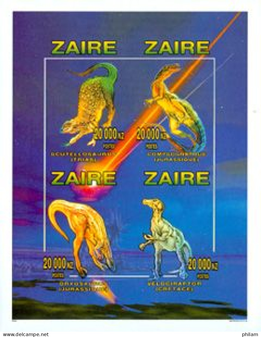 ZAIRE 1996 - Animaux Préhistoriques  -  4 Timbes En Bloc Non Dentelé - Neufs