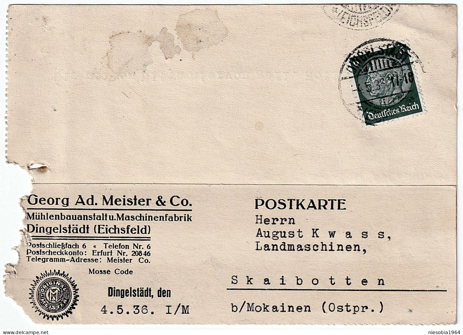 Company Postcard Georg Ad. Masters & Co. Mühlenbauanstalt Dingelstädt Seal May 4, 1936 Postage Stamp DR Hindenburg 6 - Tarjetas
