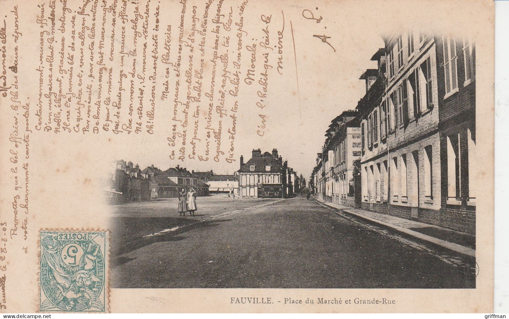 FAUVILLE PLACE DU MARCHE ET GRANDE RUE 1903 PRECURSEUR TBE - Otros & Sin Clasificación