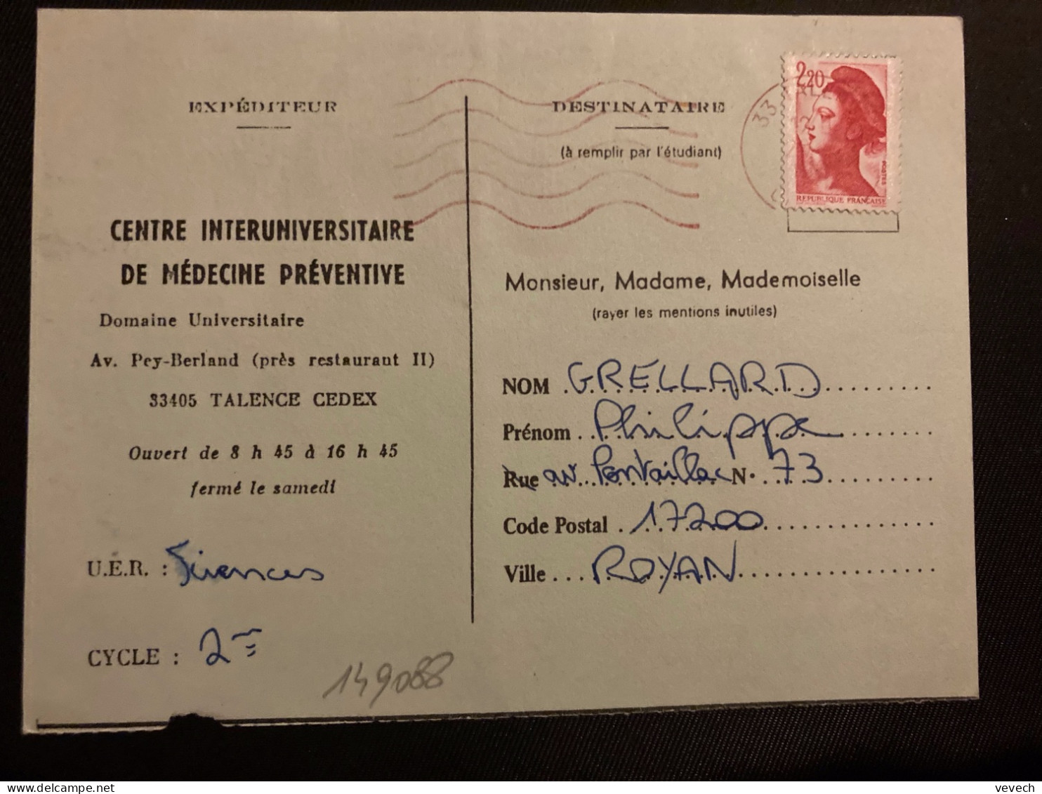 CP MEDECINE PREVENTIVE TP LIBERTE 2,20 OBL.MEC. ROUGE 20-12 1986 33 TALENCE GIRONDE - 1982-1990 Vrijheid Van Gandon