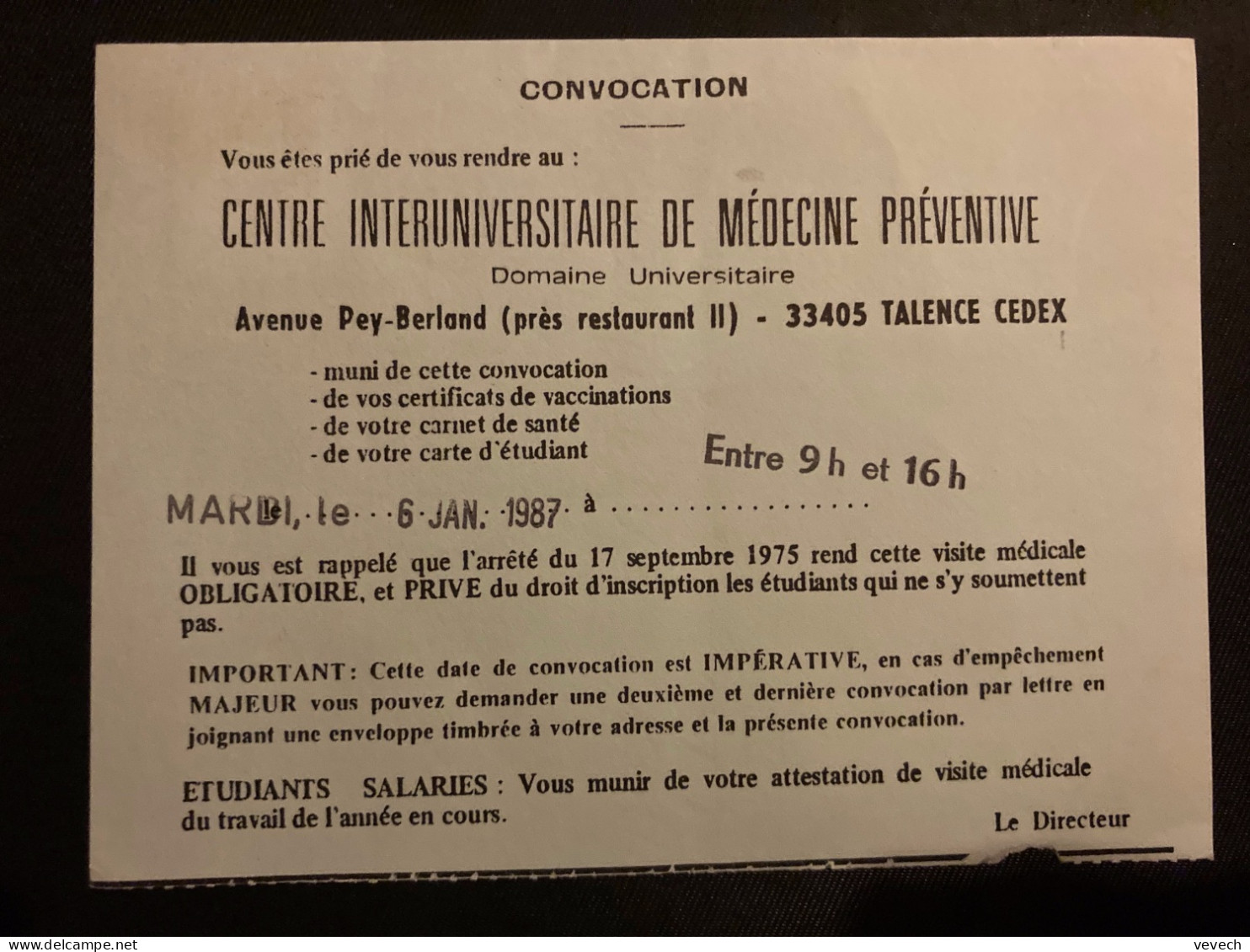 CP MEDECINE PREVENTIVE TP LIBERTE 2,20 OBL.MEC. ROUGE 20-12 1986 33 TALENCE GIRONDE - 1982-1990 Liberté (Gandon)