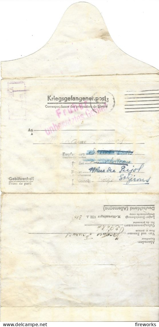 1943 WW2 CORRESPONDANCE PRISONNIER DE GUERRE FRANÇAIS EN ALLEMAGNE. STAMMLAGER VIII A - 1939-45