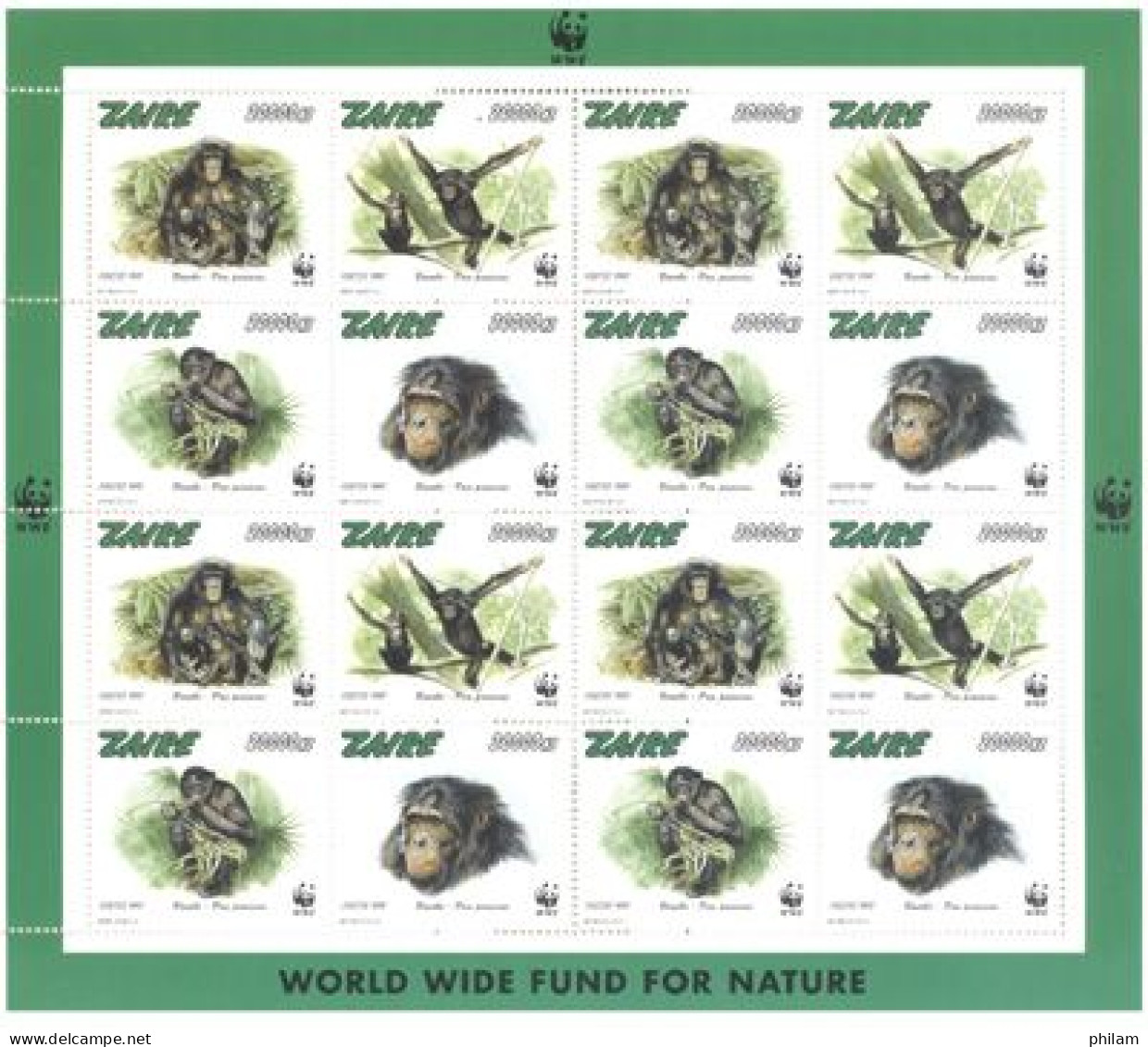 ZAIRE 1997 - W.W.F. - Singe Bonobo - Feuillet De 4 X 4 Séries - Unused Stamps