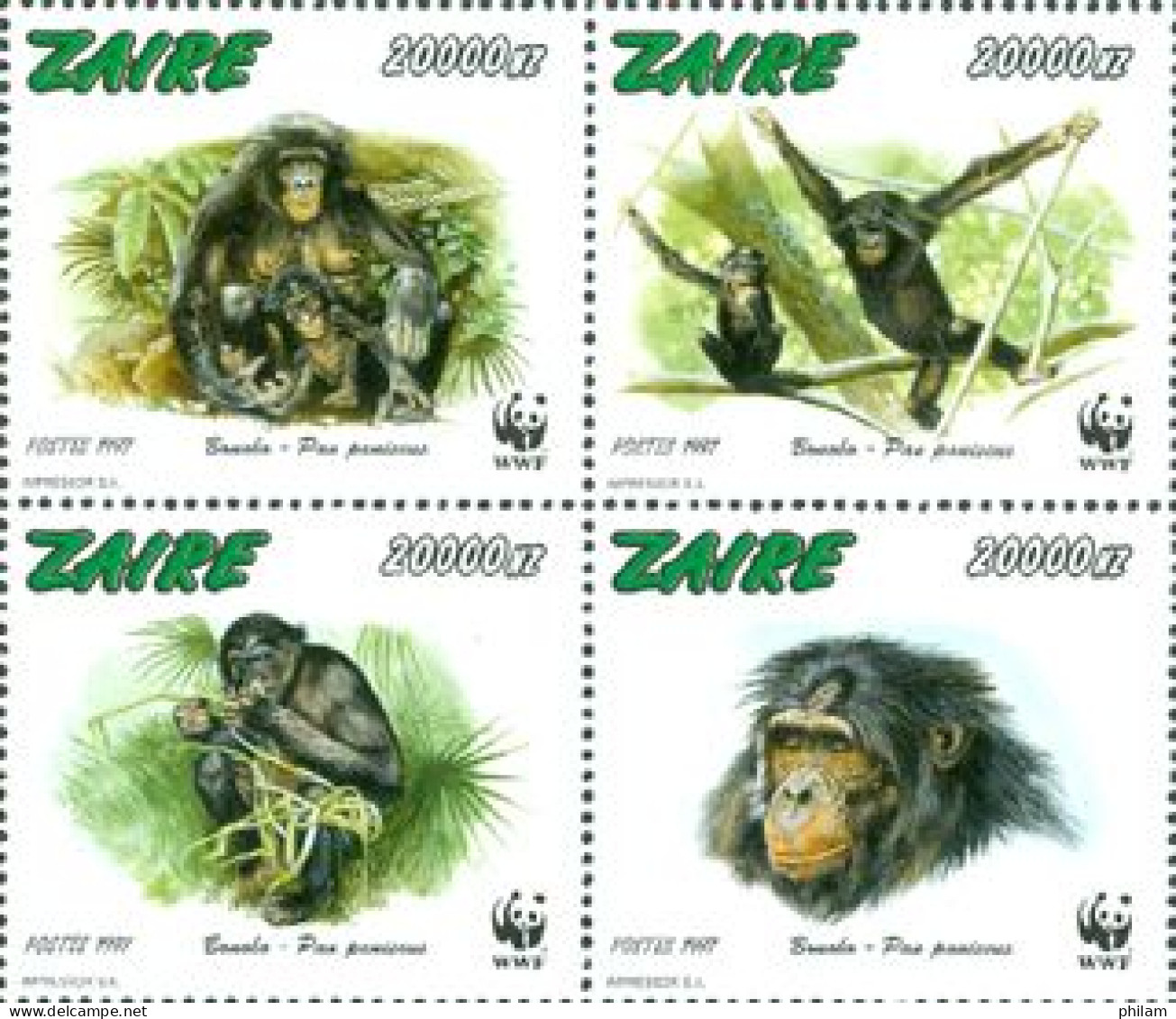 ZAIRE 1997 - W.W.F. - Singe Bonobo - 4 V. - Unused Stamps